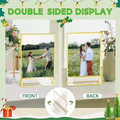 Gold Frames 5X7 Acrylic Sign Holder Double-Sided Tabletop Picture Frames for Menu Holder Wedding Table Number Holder Christmas Photo Frames with Removable Sticky Dots-12 Pack
