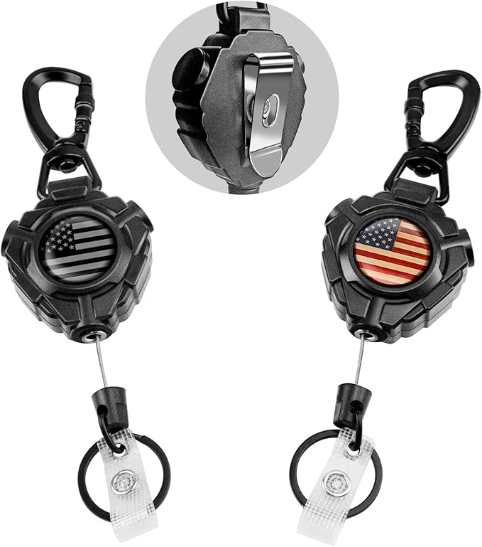 bolimoss 2 Pack Retractable Keychain with Belt Clip, Heavy Duty 360° Swivel Carabiner Key Chains, Impact Resistance ID Badge Reels with 31.5” Wire Rope and Key Ring, Up to 10 oz (US Flag