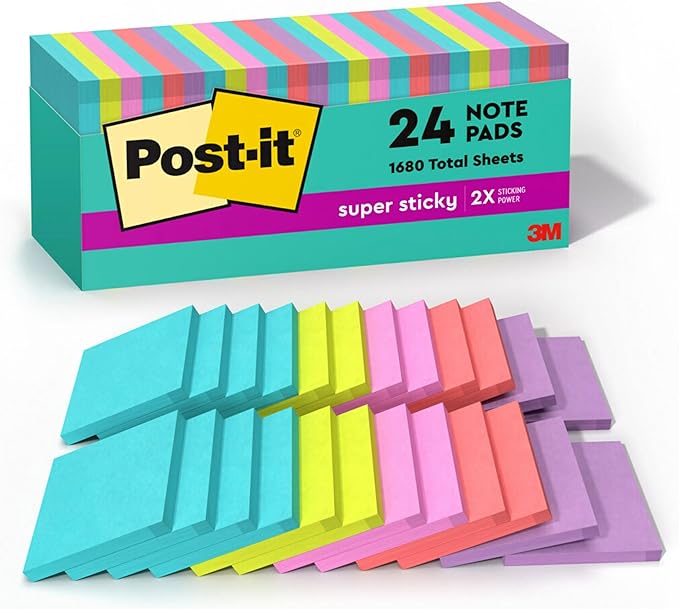 Post-it Super Sticky Notes, 24 Sticky Note Pads, 3 x 3 in., School Supplies, Office Products, Sticky Notes for Vertical Surfaces, Monitors, Walls and Windows, Supernova Neons Collection