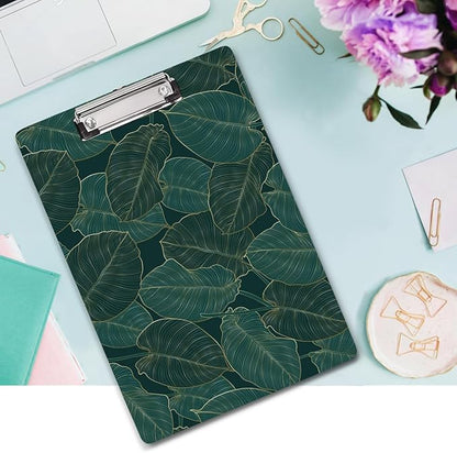 WAVEYU Fashion Cute Clipboard, Decorative Office School Hardboard Wood Nursing Clip Board for Standard A4 Letter Size for Students, Women, Men and Kids, 12.5"x 9", Green Leaves