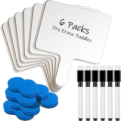 6Packs Dry Erase Paddles with Handle, 6Pcs Double Sided Answer Paddle White Boards with 6 Markers and 6 Erasers for Teaching Meeting Supplies