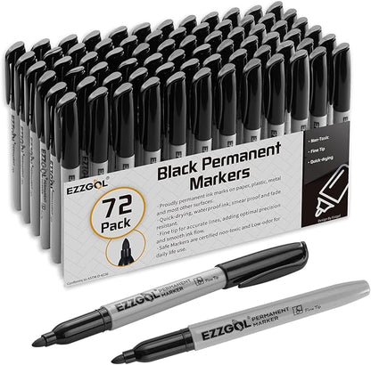 Permanent Markers Bulk, 72 Pack Black Permanent Marker Set, Fine Tip, Waterproof Markers, Premium Smear Proof Pens, Waterproof, Quick Drying, Office Supplies for School, Office, Home