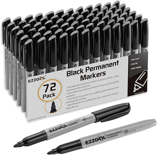 Permanent Markers Bulk, 72 Pack Black Permanent Marker Set, Fine Tip, Waterproof Markers, Premium Smear Proof Pens, Waterproof, Quick Drying, Office Supplies for School, Office, Home
