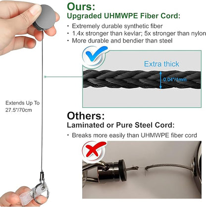 Will Well ID Badge Holder Reel with Clip and Keyring - Heavy-Duty All-Metal Casing with 27.5" UHMWPE Fiber Pull Cord for Durability and Easy Access, Holds up to 8 Keys - 2-Pack, Round, Glossy Black