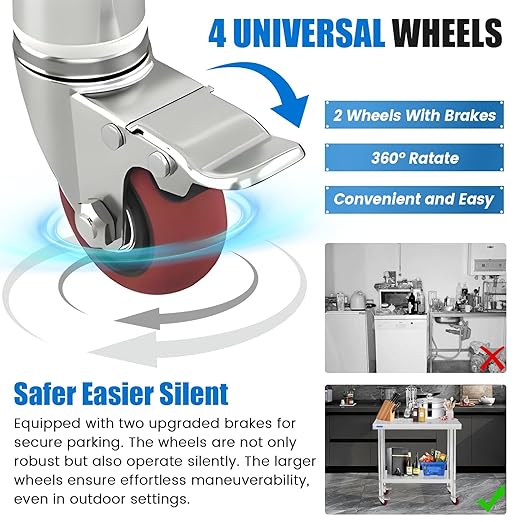 Stainless Steel Table for Prep & Work with 4 Caster Wheels with Undershelf 30 x 36 NSF Metal Commercial Kitchen Adjustable Under Shelf Worktable for Restaurant Home Outdoor