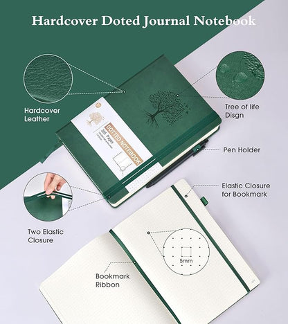 Dotted Journal Notebook, 360 Numbered Pages Bullet Dot Journals,100gsm Dot Paper Thick Hardcover Leather Journal for Writing Women Men, B5 Big Dotted Grid Notebooks for Work School Green