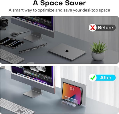 OMOTON Vertical Laptop Stand for Desk, Acrylic Dual Laptop Holder Desktop Clear Adjustable Dock for MacBook Pro Air, HP, All Gaming Laptops up to 17”