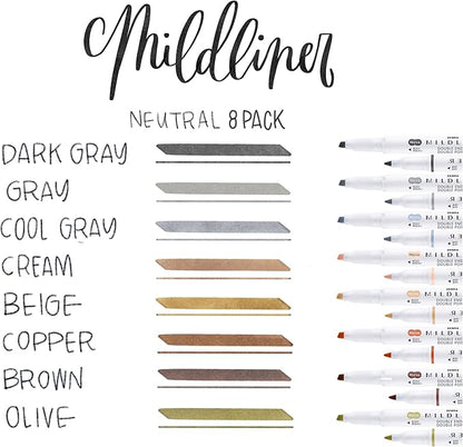 Zebra Pen Mildliner Double-Ended Highlighter, Broad and Fine Point Tips, No Bleed Bible Assorted Neutral Vintage Ink Colors, 8-Pack, Model Number: 78208
