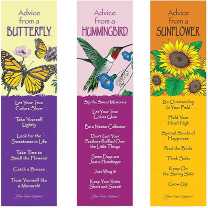 Advice from Nature 3 Bookmark Beauty Set, Laminated with Glossy Finish, Printed on Recycled Paper - Butterfly, Hummingbird, Sunflower (AMBM-BEAUTY)