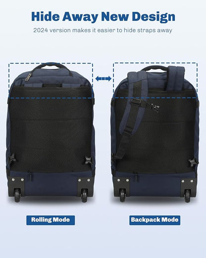 Hynes Eagle Rolling Backpack 42L Backpack with Wheels Airline Approved Carry on Luggage Laptop Travel Backpack for Women Men Dark Blue