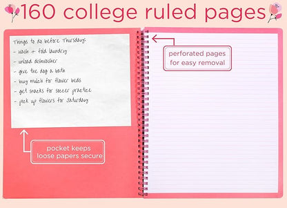 Steel Mill & Co Cute Large Spiral Notebook College Ruled, 11" x 9.5" with Durable Hardcover and 160 Lined Pages, Pink Poppy