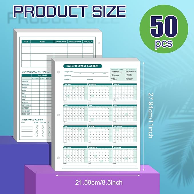 ReliThick 50 PCS 2025 Attendance Calendar Card Stock Paper 2025 Attendance Sheets for 3 Hole Binder Employee Record Folders for Manager, HR, Store Location Managers(Green)