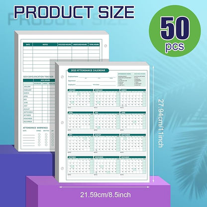 ReliThick 50 PCS 2025 Attendance Calendar Card Stock Paper 2025 Attendance Sheets for 3 Hole Binder Employee Record Folders for Manager, HR, Store Location Managers(Green)