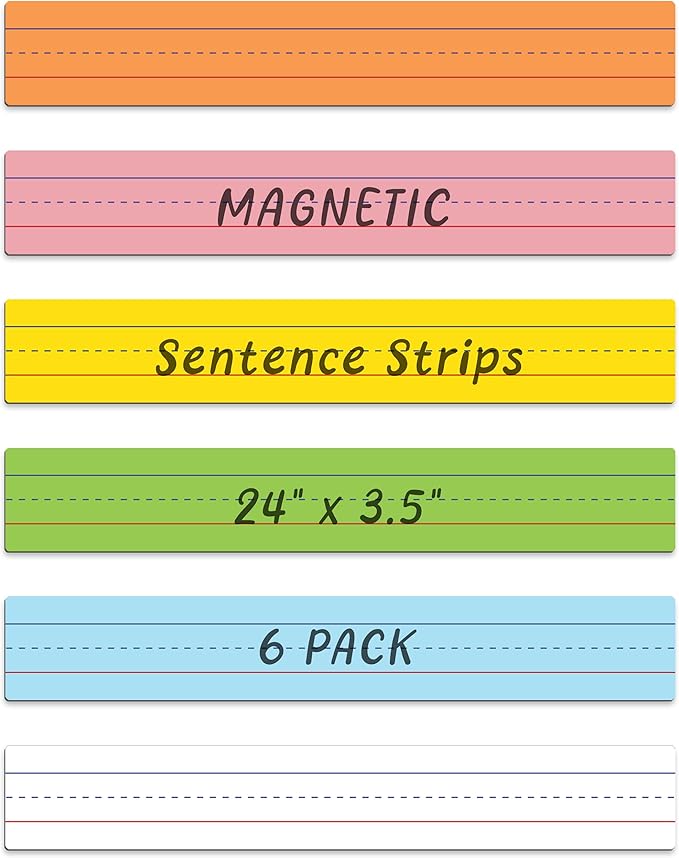 Dry Erase Magnetic Sentence Strips for Teachers, Whiteboards & Classrooms - 24" x 3.5" - 6 Colored Sentence Strips - Practice Handwriting, Sight Words, Spelling and Math