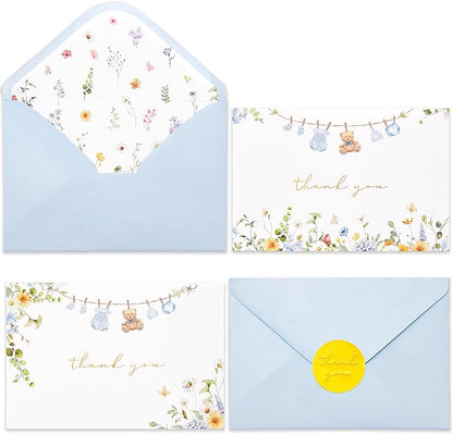 Crisky Baby Shower Blue Gold Thank You Cards (50 Pack) with Envelopes & Stickers Boy Baby Shower Greeting Cards Bulk, Watercolor Delicate Wildflower for Baby Shower Party