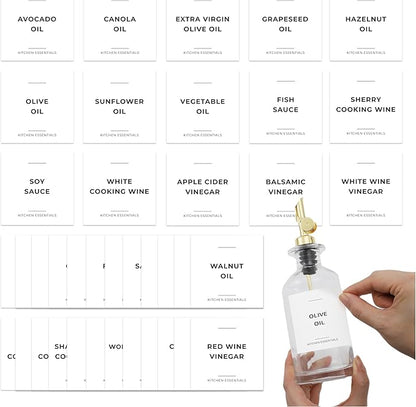 Olive Oil Labels for Glass Bottles - 2.5" x 2.5" Waterproof & Oil-Proof Kitchen PVC Sticker Labels for Oils, Vinegars, Sauces, Cooking Wines & Condiments - Minimalist White, 39pcs