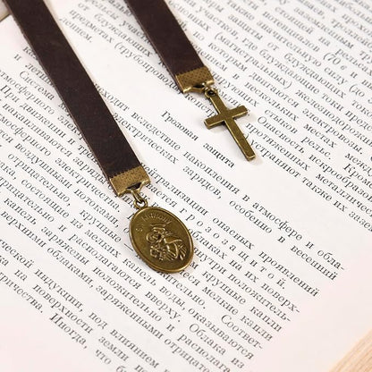 Bookmarks, Handmade Retro Cross Bible Bookmark with Long Leather Straps, Christian Saint Book Mark, Ideal Christian Gift (Style 5)