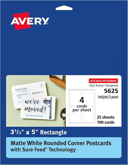 Avery Postcards with Rounded Corners and Sure Feed Technology, 3.5" x 5", Matte White, 100 Total, Laser/Inkjet Printable Cards (5625)