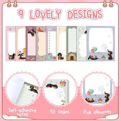 Sabary 9 Pads Sticky Notes 3.15 x 3.94 Inches Cute Self Sticky Note Pads Colored Adhesive Notepad for Memo Reminder Journal Studying Office Home Gift(Dachshund)