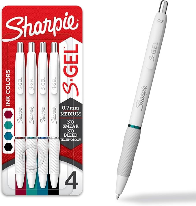 SHARPIE S-Gel Pens, Pearl White Body, Medium Point (0.7mm), Gel Pens for Journaling and Coloring, Updated Classic Color Assortment, 4 Count