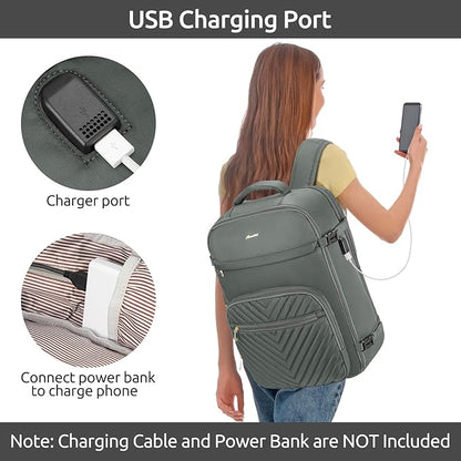 Travel Backpack for Women, Carry On Backpack for Airplanes Flight Approved, Waterproof Large Weekender Overnight Bag Fit 17 Inch Laptop with USB Charging Port, Olive Green