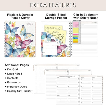 Essential PRO 2025 Daily, Weekly & Monthly Planner, 8.5"x11": 14 Months (Nov 2024 - Dec 2025) Monthly Tabs,Daily Tracking,Notes Pages,Storage Pocket,Bookmark w Sticky Notes (Watercolor Butterflies)