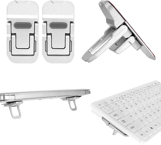 Bewudy 2 Pcs Portable Keyboard Riser, Dual Tilt Angle Adjustment Foldable Laptop Riser, Mini Computer Keyboard Stand for Desk, Self-Adhesive Keyboard Riser Feet for Most Keyboards(Silver)