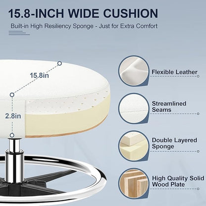 Drafting Chair with Backrest – Adjustable Foot Rest Rolling Stool with Wheels, PU Leather Swivel Stool for Office Spa Studio Lab Counter Salon Home Work Bar Kitchen Shop(White)