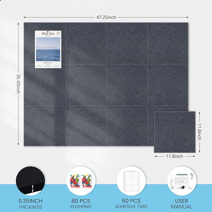 Large Cork Bulletin Board for Wall 48"x36", 12 Pack Felt Wall Tiles with 80 Pushpins, 60 Safe Removable Adhesive Tabs, Decorative Pin Board Tack Board for Office Home School, Dark Gray