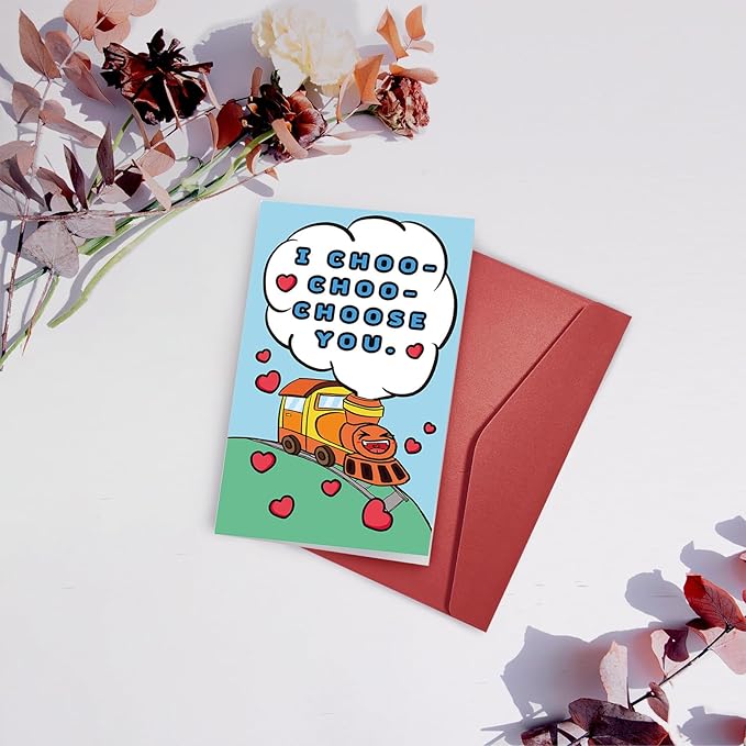 SuperShunhu Cute Train Valentines Day Card for Him Her, Lovely Valentines Card for Kids Child, Funny Anniversary Card for Boyfriend Girlfriend, I Choo Choo Choose You Card