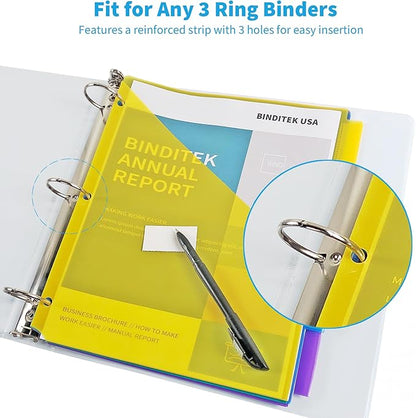 Binditek 15 Pack Plastic Dividers with Front Pocket, 5-Tab Insertable Poly Pocket Dividers for 3 Ring Binders, Letter Size, Multicolor, 3 Set, for Students and Coworkers