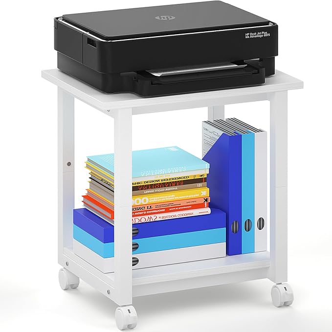 Under Desk Printer Stand, 2-Tier 19.5''x 16''x 22'' Rolling Printer Stand Storage Shelves for Printer, Scanner, Fax Machine, Files, Books with Anti-Skid Feet for Home, Office, White