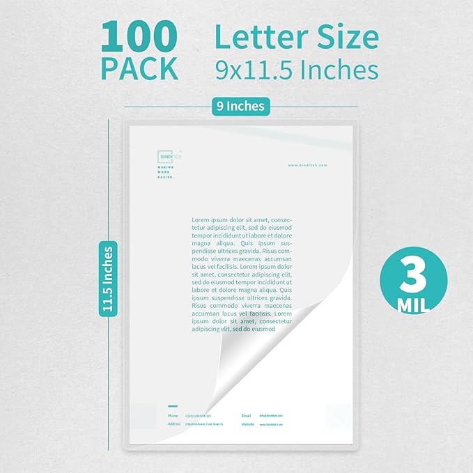 Binditek 100 Pack 3 Mil Thermal Laminating Pouches, 9x11.5 Inches Laminating Sheets, for Letter Size, Ultra Clear, Glossy, Hold 8.5x11 Inches, Heat Seal, Office School Supplies