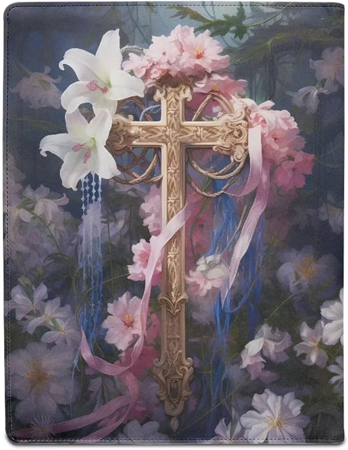 Cross Flower Print PU Leather Padfolio Clipboard Clip Business Resume Portfolio A4 Folder Interview Legal Document Organizer Business Card Holder Letter