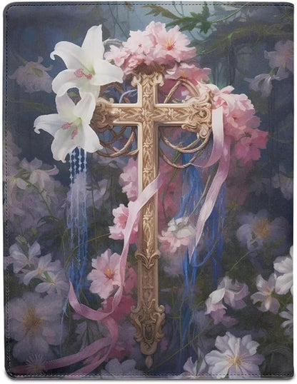 Cross Flower Print PU Leather Padfolio Clipboard Clip Business Resume Portfolio A4 Folder Interview Legal Document Organizer Business Card Holder Letter