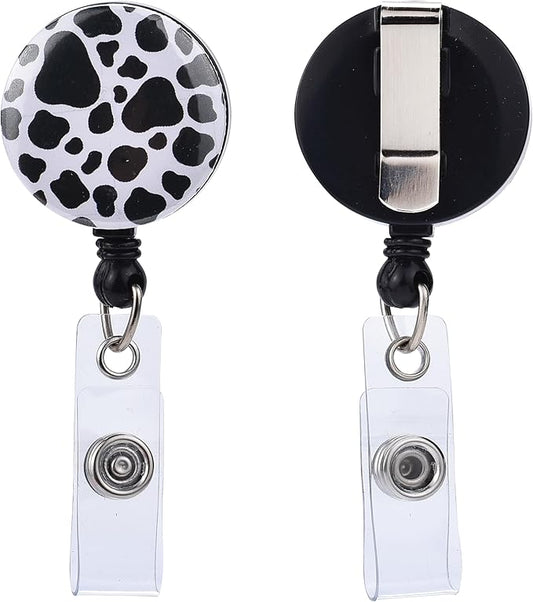 Will Well Badge Holders with Belt Clips for Securing onto Pockets and Purse Straps, with Retractable 27.5" UHMWPE Fiber Pull Cords, Strong Build with Fun Designs - 2-Pack, Cow Print