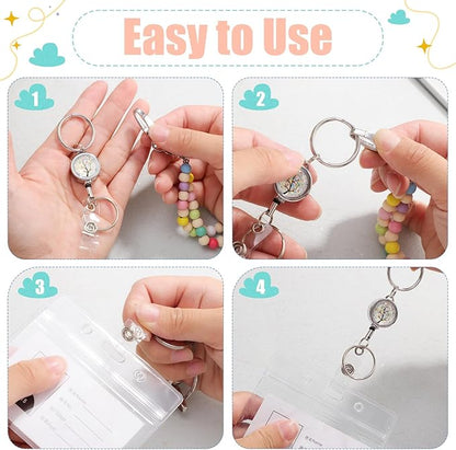 BESARME Teacher Lanyard with ID Holder Colorful Cute Wooden Beaded Lanyards for ID Badge Holders Retractable Badge Reel Keys Eyeglass Chains for Women