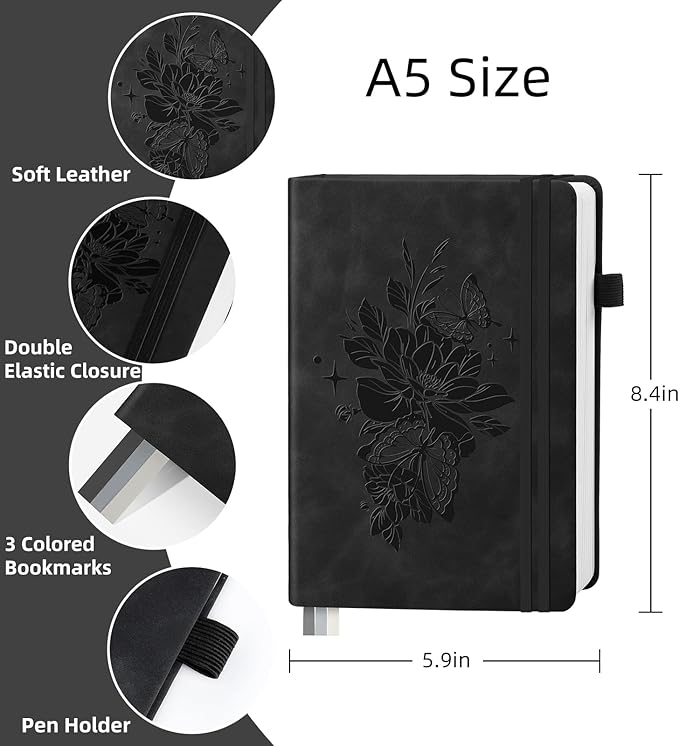 Lined Journal Notebook 365 Pages, A5 Leather Journals for Writing Women & Men, Hardcover Notebook with 100GSM Thick Paper, Daily Journal Notebook for Travel, Work, School, Note Taking, College Ruled