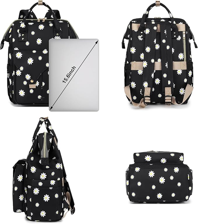 Flowers Laptop Backpack College School Backpack Bookbags Nurse Backpacks Travel Bags Casual Daypacks for Women Girls Fits 15.6 Inch Notebook (Black)