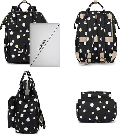 Flowers Laptop Backpack College School Backpack Bookbags Nurse Backpacks Travel Bags Casual Daypacks for Women Girls Fits 15.6 Inch Notebook (Black)