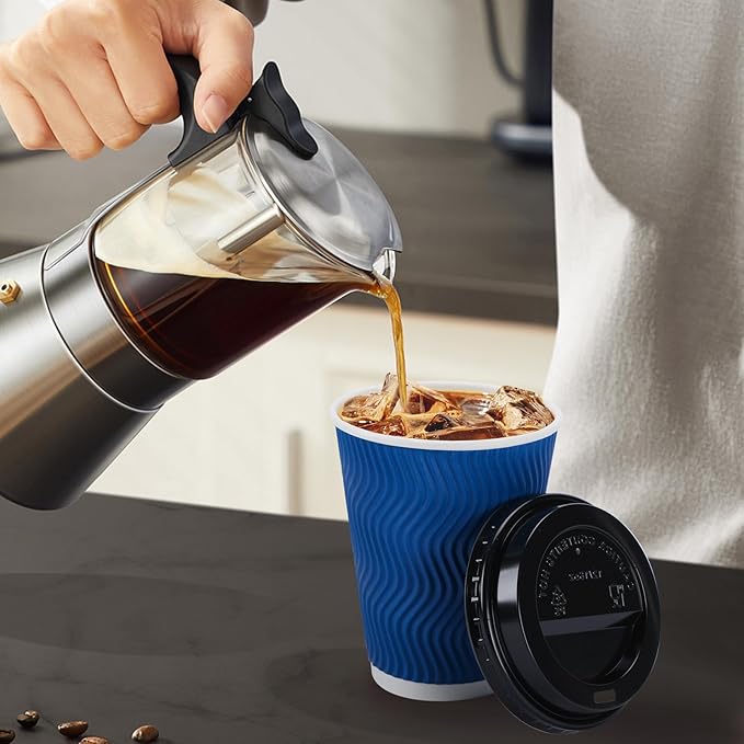 100 Pack Coffee Cups with Lids 12oz, Disposable Insulated Ripple Wall To Go Paper Coffee Cups for Hot/Cold Drinks Office Home Shop Event (Navy)