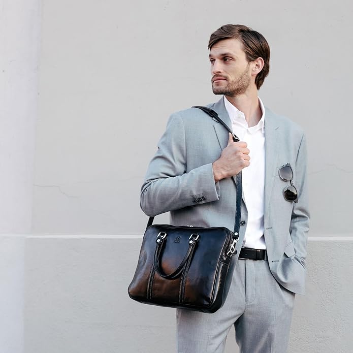 Time Resistance Leather Briefcase - Italian Full Grain Leather Bag - Genuine Leather Laptop Bag - Briefcase for Men and Women