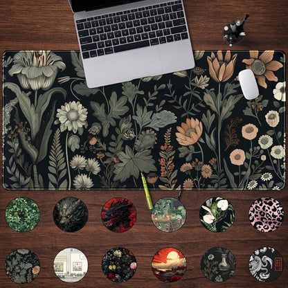 Black Aesthetic Vintage Desk Mat Dark Flower Plants Mouse Pad Wildflowers Large Gaming Mousepad Desk Pad XXL Keyboard Mouse Mat Full Desktop Mat Women Desk Cover Mat for Work Office Home 31.5x15.8 in