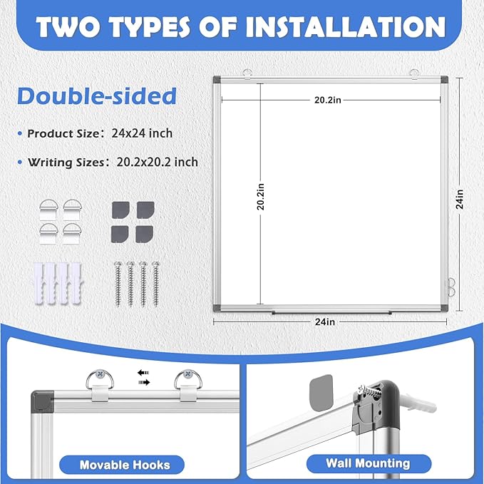 WALGLASS Double-Sided White Board, 24" x 24" Dry Erase Board Magnetic Whiteboard for Wall, Hanging Mounted Whiteboard Silver Aluminium Frame for Home, School, Office, Kitchen
