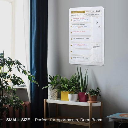 SELEAD Magnetic Glass Whiteboard Weekly Planner - 16”x24” Dry Erase Calendar White Board for Wall, Menu TODO Grocery List Board for Home Kitchen Restaurant - White&Gold