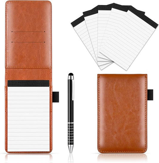Xhwykzz 7 Pcs Small Pocket Notepad Holder Set, Pocket Notebook with pen for offices, schools, restaurants (Brown)