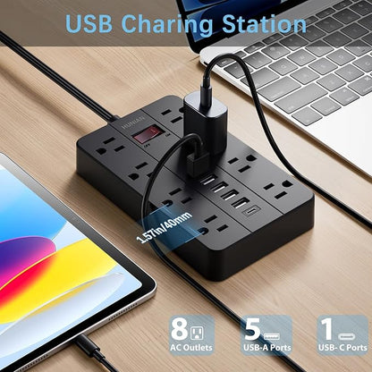 15 Ft Long Extension Cord Power Strip Surge Protector, HUNIAN Flat Plug with 8 Widely Spaced Outlets 6 USB, Wall Mount Charging Station for Home and Office, Black
