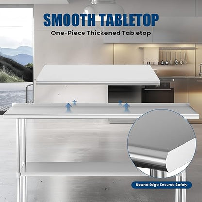 Stainless Steel Table with Wheels 30 x 60 Inches Metal Food Prep Table with Backsplash & Adjustable Undershelf, Utility Table for Kitchen, Outdoor, Restaurant, Bar & Garage