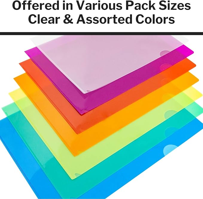 Dunwell Clear Plastic Folders Sleeves (36 Pack, Assorted Colors), Transparent Project Folders, Plastic Sleeves, Acid-Free Poly File Jackets for Documents, L-Sleeves for 8.5x11 Paper