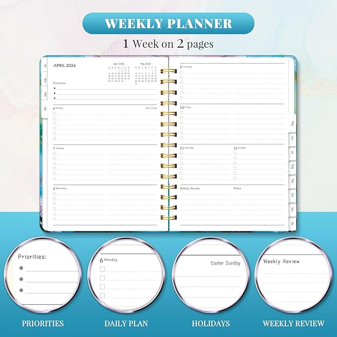 2026 Planner, A5 Weekly and Monthly Planners with Tabs, Spiral Bound Daily Calendar 2026 Planner, Agenda Organizers from Jan. to Dec., Hardcover Habit Tracker Journal 6.18" x 8.5"(Cyan Marble)